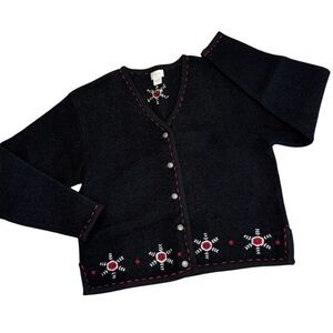 ALPS Vintage Black Wool Embroidered Cardigan Snowflake Stitching Button Front M